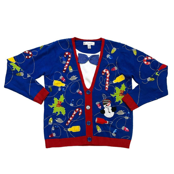 Jolly Sweaters Bright Blue Christmas Sweater W/ Bow - Picture 1 of 6